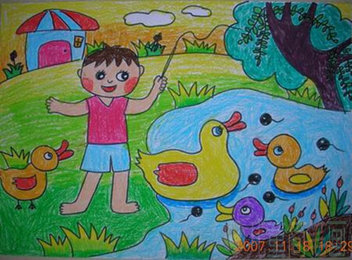 春天家乡边的小池塘 获奖儿童画作品