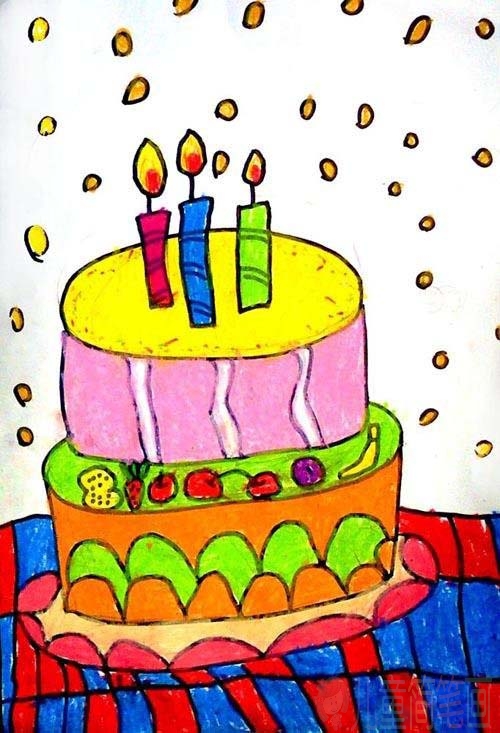 小学一年级漂亮的水果生日蛋糕儿童画图片/儿童简笔画 小学一年级漂亮的水果生日蛋糕儿童画图片