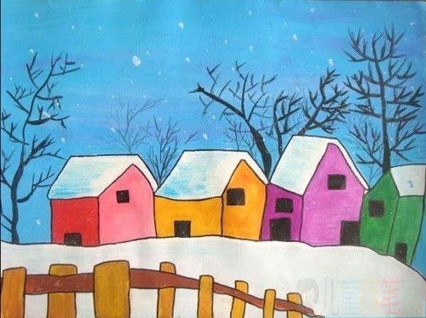 儿童参赛水彩画获奖作品图片-冬天雪中小屋/儿童简笔画 儿童参赛水彩画获奖作品图片-冬天雪中小屋