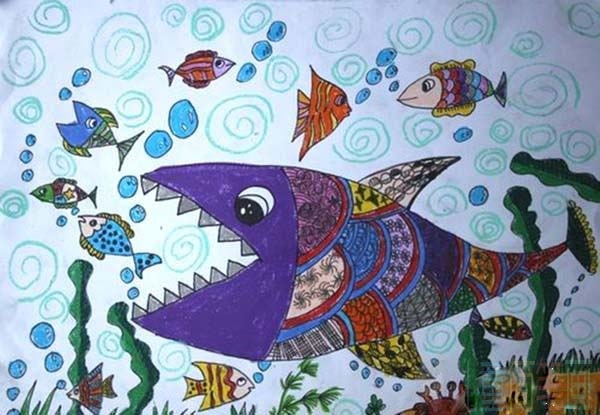 “大鱼吃小鱼”小学四年级海底世界儿童画作品