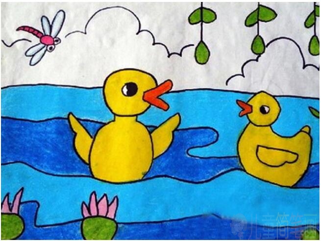 小鸭子游泳怎么画 涂色小鸭子儿童画作品/儿童简笔画 小鸭子游泳怎么画 涂色小鸭子儿童画作品