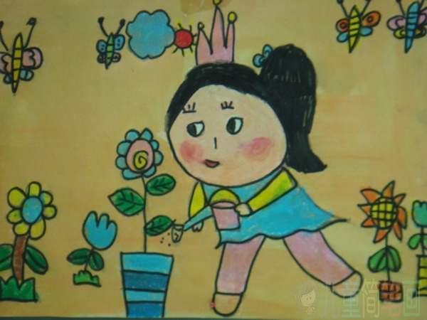 春天浇花的儿童画作品
