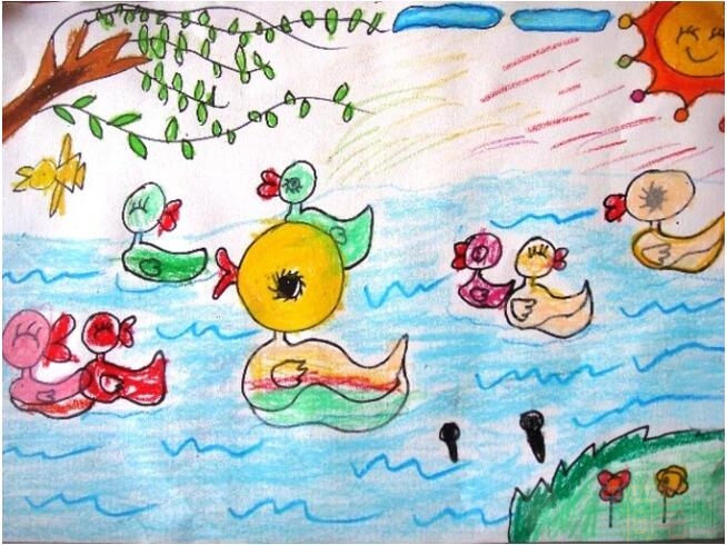 小鸭子游泳怎么画 涂色小鸭子儿童画作品/儿童简笔画 小鸭子游泳怎么画 涂色小鸭子儿童画作品