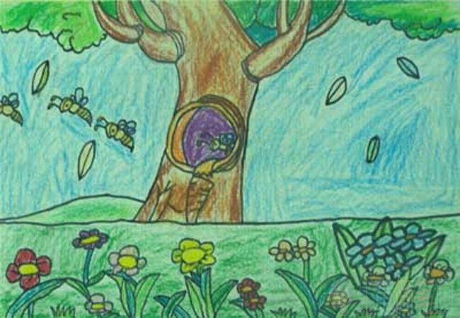 春天里蜜蜂采蜜忙的儿童画作品