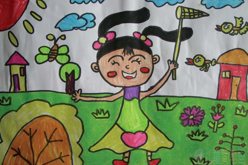 捕蝴蝶的小姑娘简笔画作品欣赏