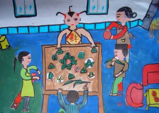 和大家一起包粽子过端午节儿童画作品