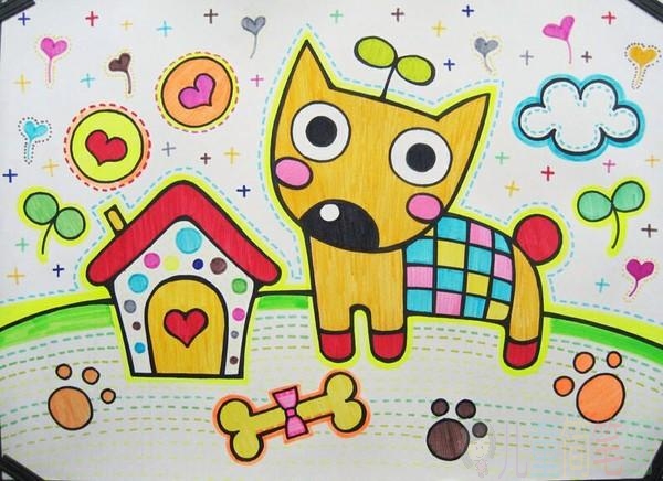 调皮可爱的小花狗儿童画作品