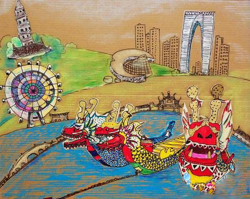 端午龙舟赛儿童简笔画画作品