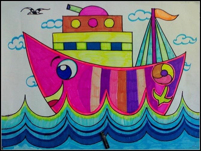 儿童画大海的朋友大轮船-儿童画作品
