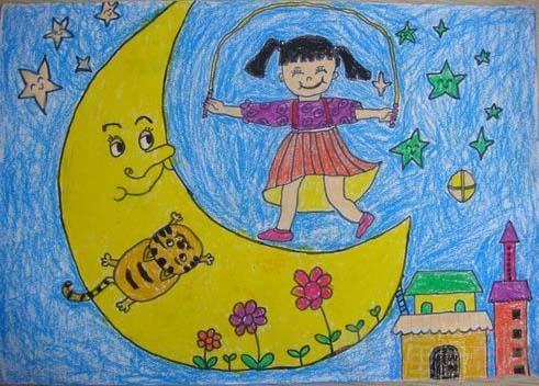 关于月亮的儿童画作品在月亮上跳绳