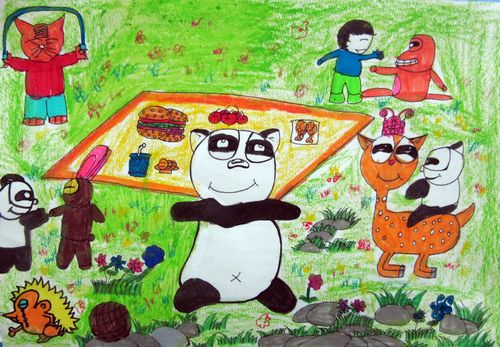 和熊猫一家去郊游儿童画作品
