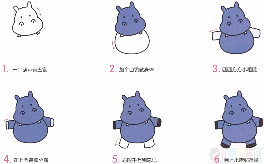 萌萌的小河马简笔画画法_怎么画小河马的简笔画