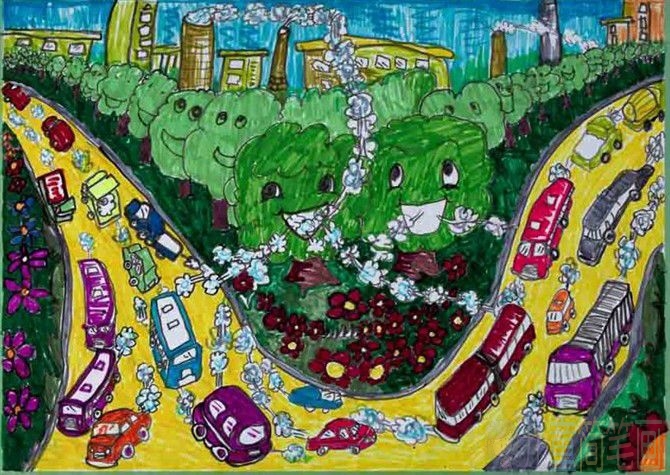环保儿童画作品欣赏，城市中的空气清洁员。