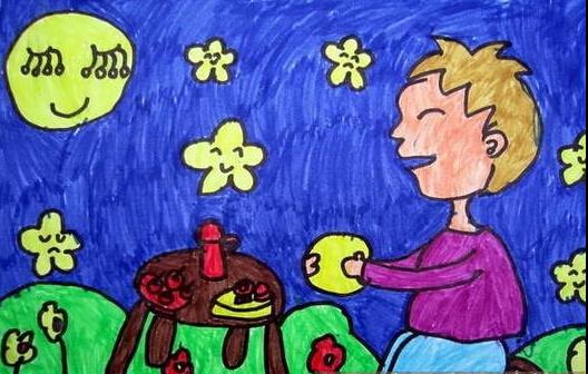 八月十五吃月饼看月亮儿童画作品