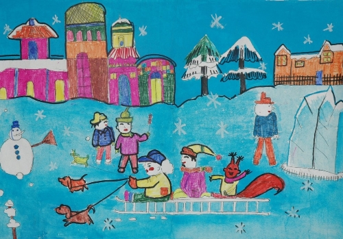 北方的冬季小狗拉雪橇儿童画作品