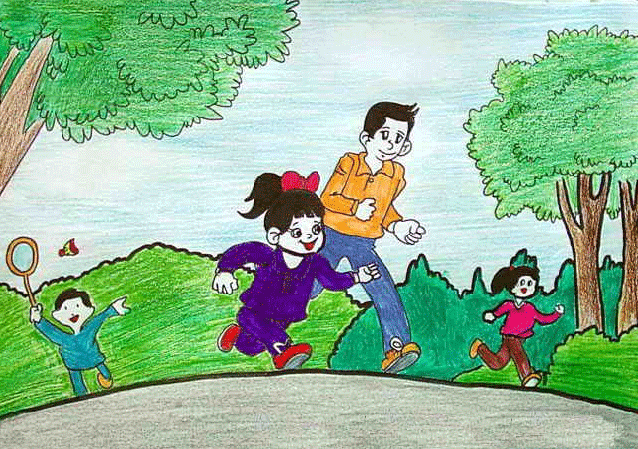 我和爸爸去晨跑，热爱运动儿童画作品
