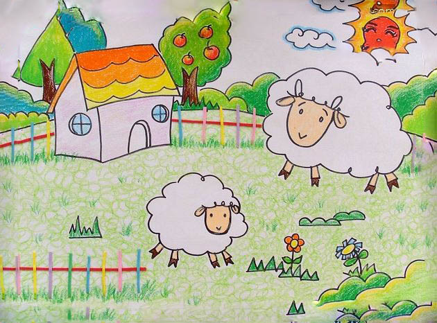 吃青草的小羊儿童画作品