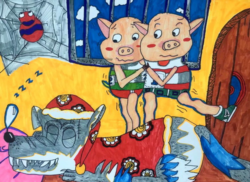 投稿获奖作品小猪智斗大灰狼儿童画