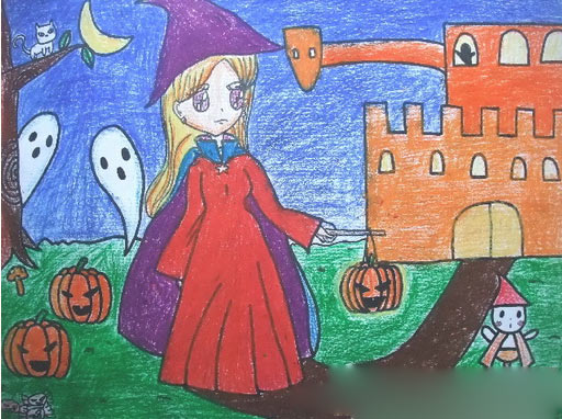 提着南瓜灯的小女巫儿童画作品