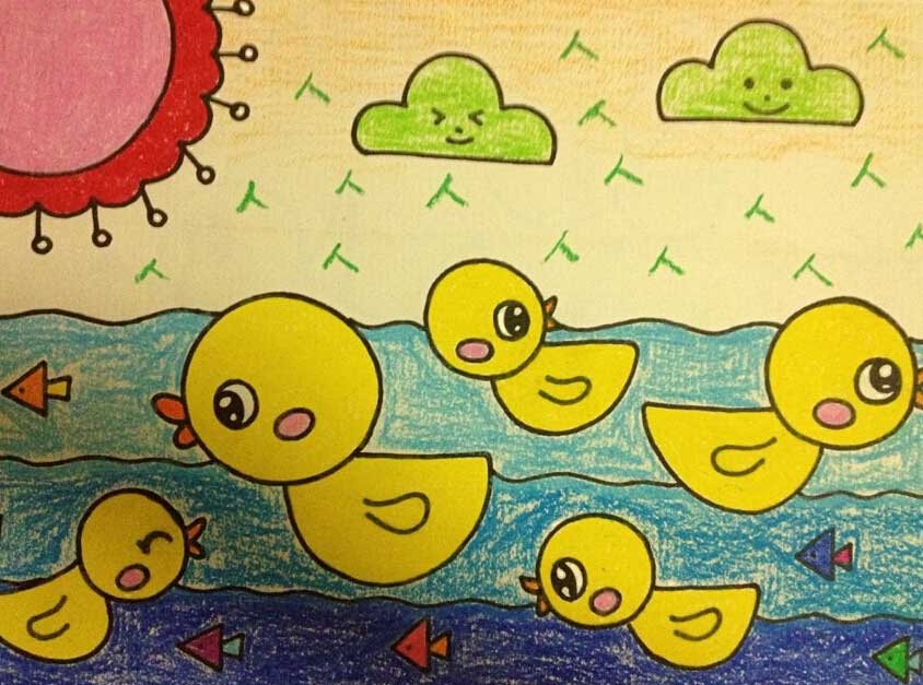 爱游泳的小黄鸭儿童画