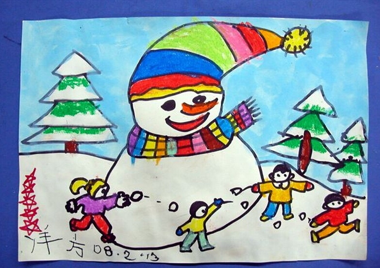 我们一起堆雪人-儿童画堆雪人