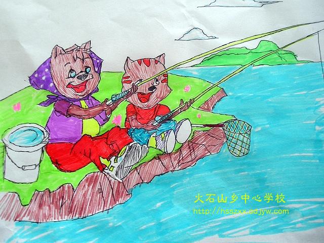 小猫钓鱼_儿童画作品