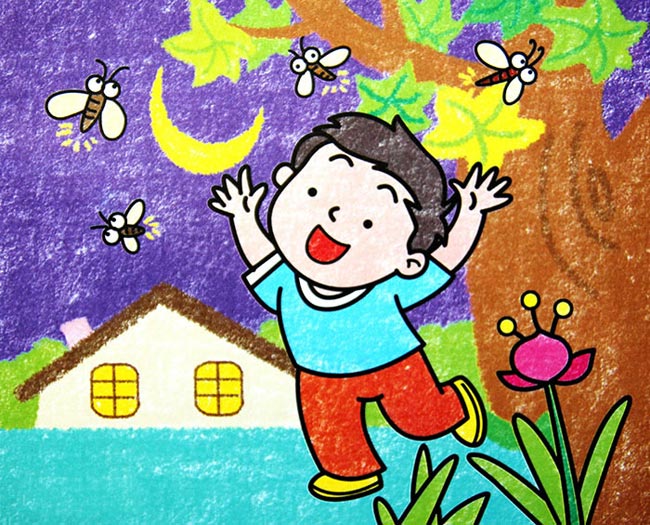 儿童蜡笔画：小孩戏蜻蜓