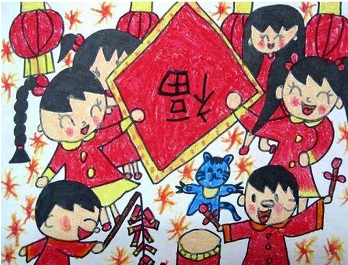2019年春节的儿童画大全_快乐春节儿童画图片