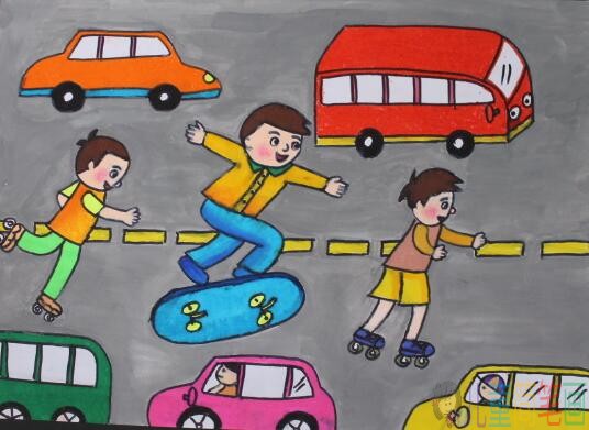 小朋友一定要安全出行，遵守道路交通规则的绘画作品
