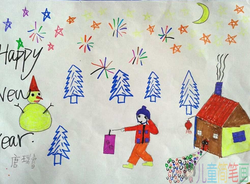 庆祝2019年春节儿童画_春节放鞭炮儿童画作品
