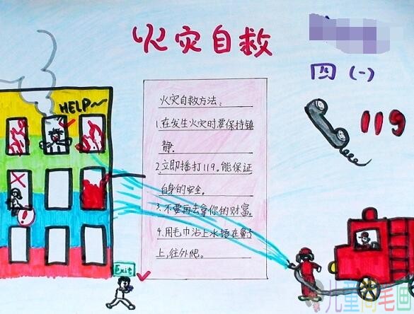 宣传发生火灾紧急疏散为主题的儿童手抄报作品
