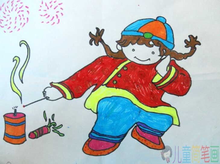 庆祝2019年春节儿童画_春节放鞭炮儿童画作品