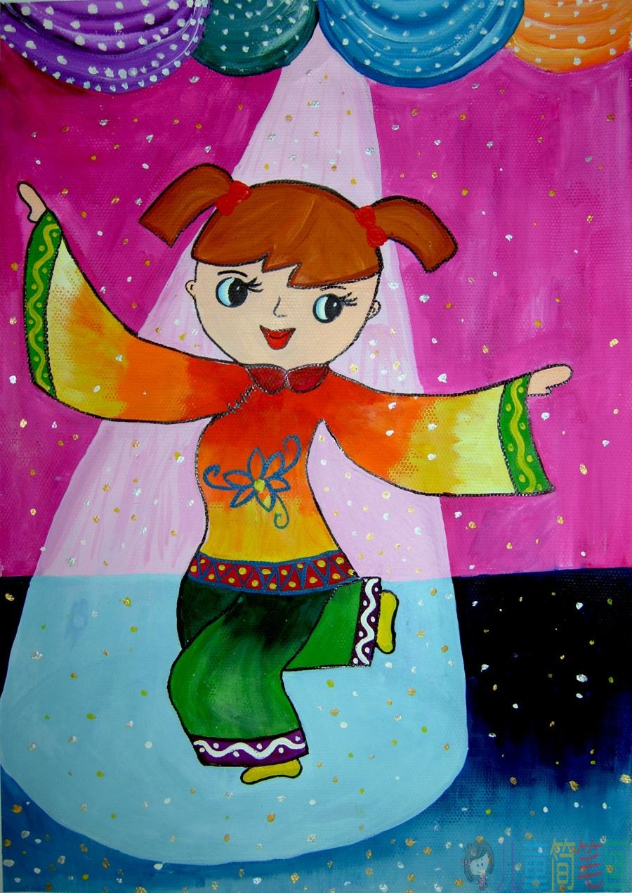 欢乐的小女孩儿童画