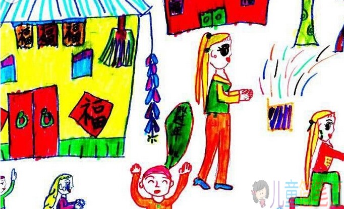 舞龙狮放鞭炮，过大年儿童画作品