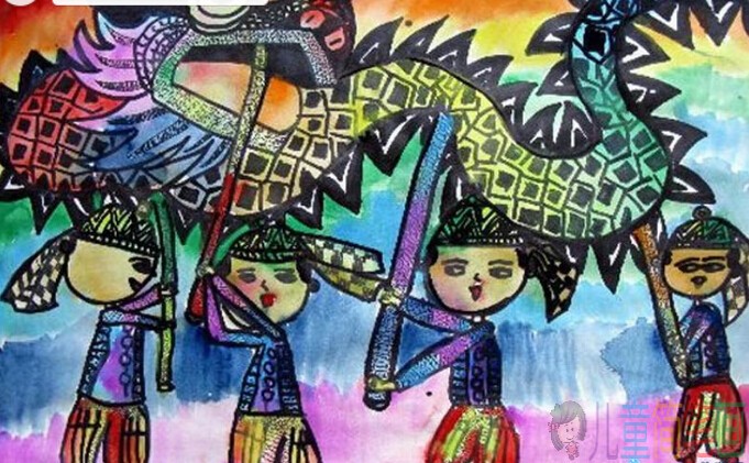 舞龙狮放鞭炮，过大年儿童画作品