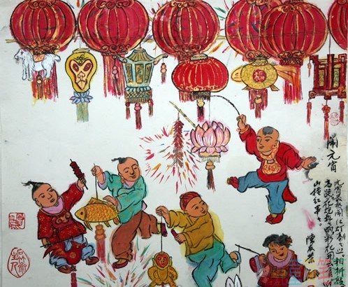 2019闹元宵看灯笼和烟花表演绘画作品