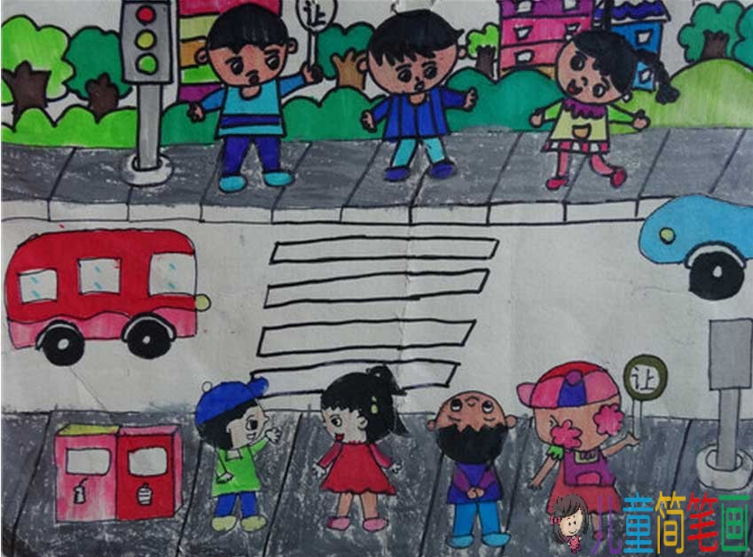 安全出行，交通安全儿童画作品宣传画