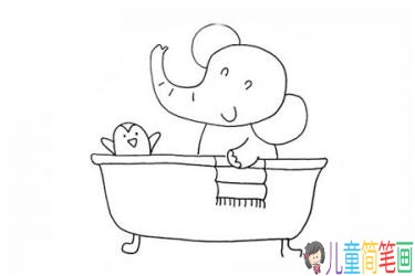 在洗澡的大象和企鹅卡通简笔画画法