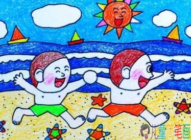 2019夏天沙滩儿童画图片