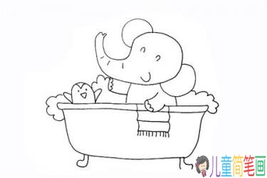 在洗澡的大象和企鹅卡通简笔画画法