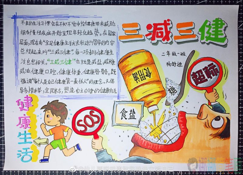 健康生活三减三健，幼儿园健康手抄报