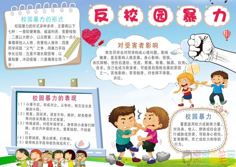 大家一起行动起来,反对校园暴力手抄报设计图/儿童简笔画 大家一起行动起来,反对校园暴力手抄报设计图