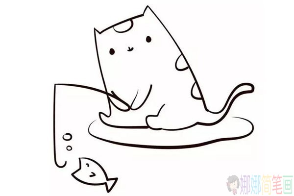 小猫钓鱼简笔画步骤,小猫钓鱼画画教程