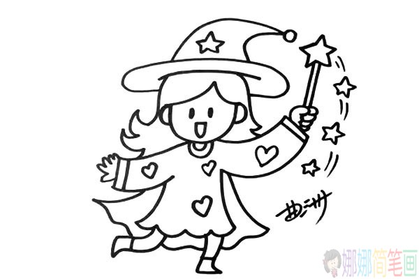 小魔女怎么画,魔法师儿童简笔画步骤
