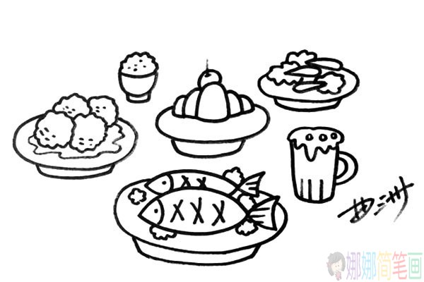 丰盛的一顿饭怎么画,饭菜简笔画