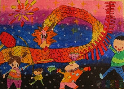 鼠年春节舞龙儿童绘画