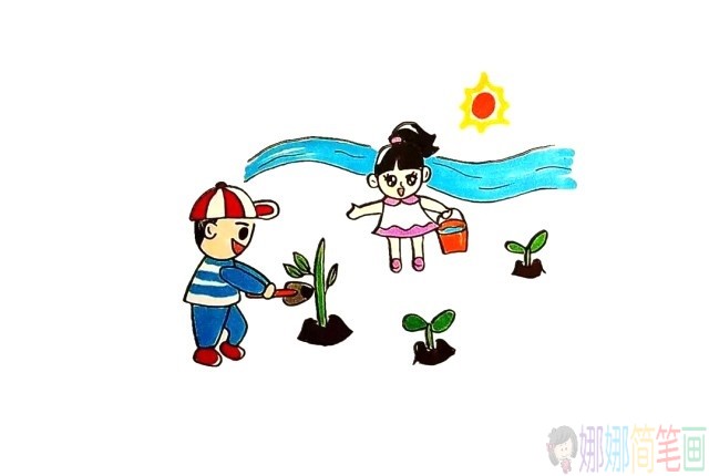 小朋友植树种树怎么画