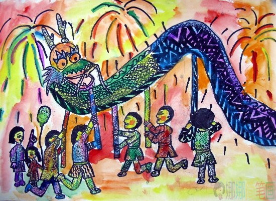 鼠年春节舞龙儿童绘画