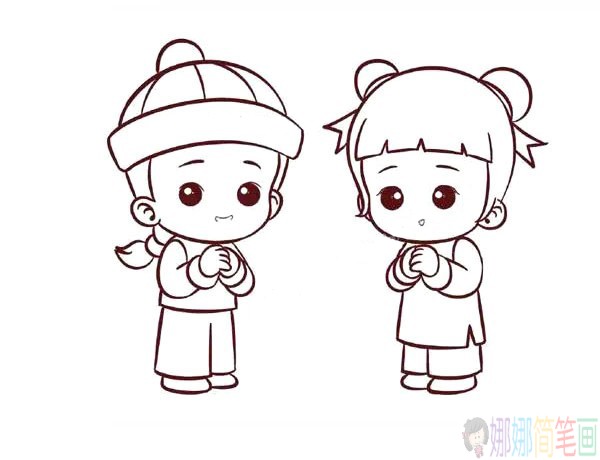 金童玉女拜年儿童简笔画教程