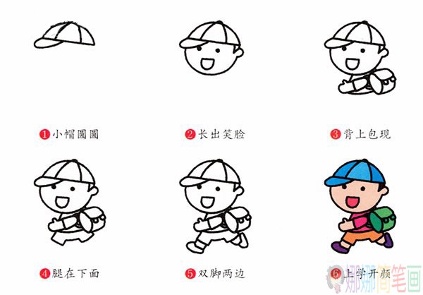 上学的小男孩画法,背书包的小朋友简笔画
